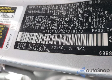 2012 Toyota Camry Le z USA, uszkodzony, nr VIN 4T4BF1FK3CR269470